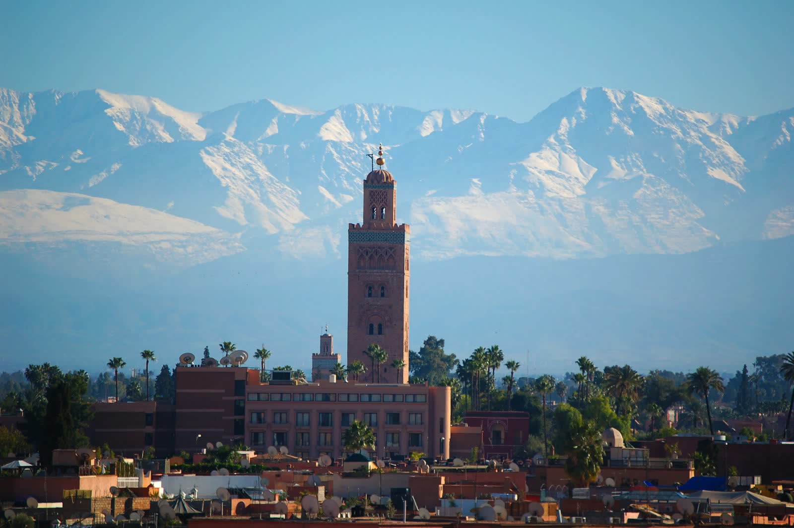 Marrakech, the Koutoubia and the Atlas mountains