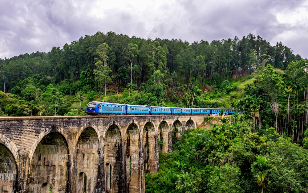 The blue hill train crossing the Nine Arch Bridge, Ella, Sri Lanka